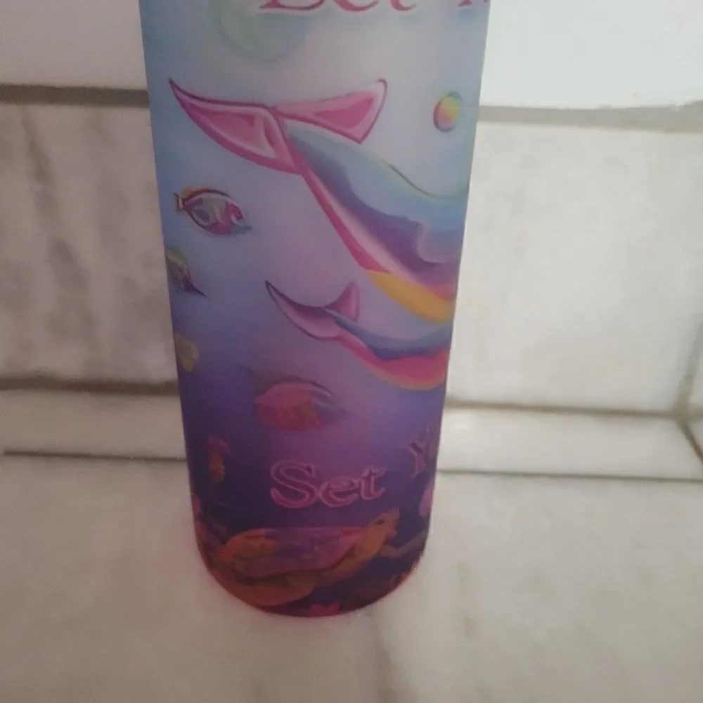 Multicolor Tumbler w/ Wooden Lid & Straw Dolphins Jellyfish Underwater Sea